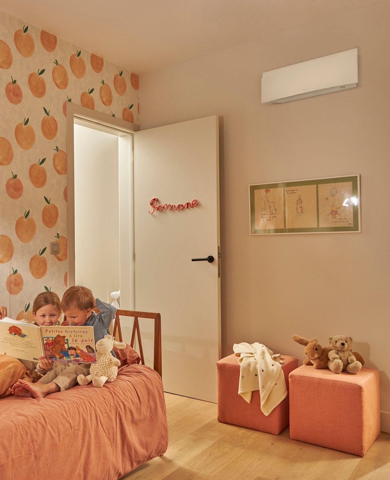 Home office with air conditioner cooling room while women plan a trip