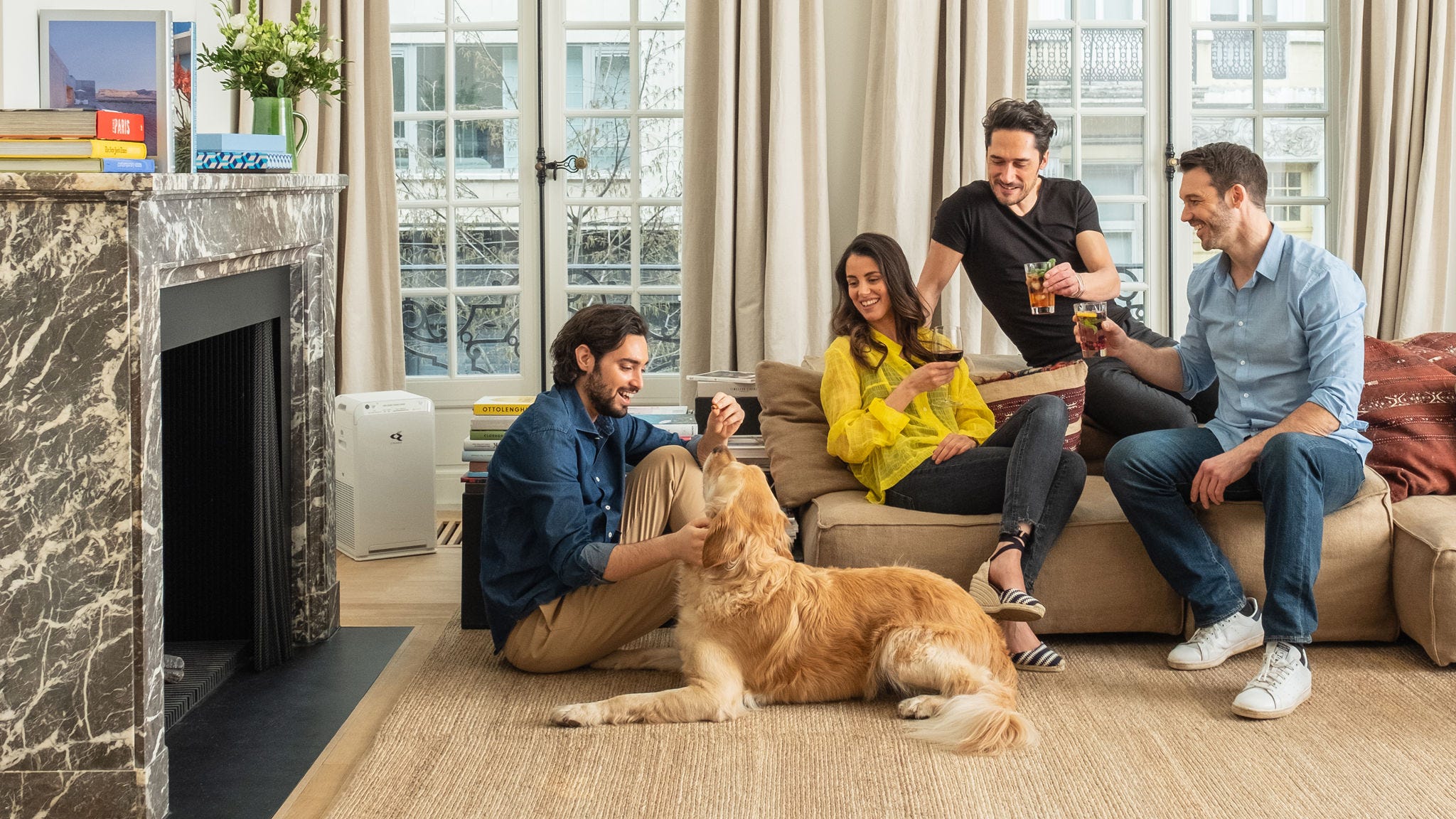 Air purifier reducing pet dander in living room with dog