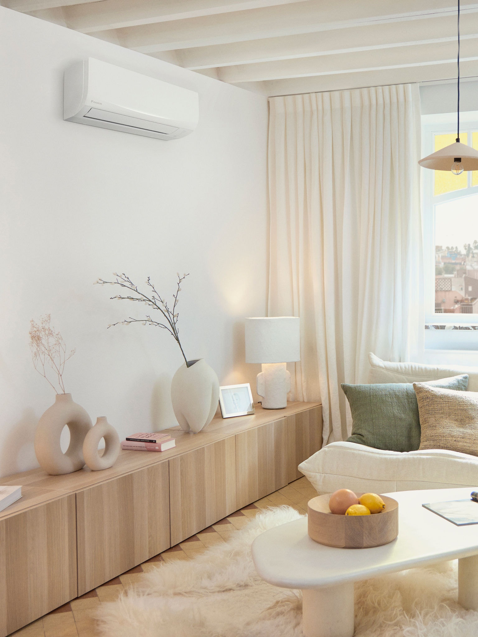 Scandinavian style room light colours Daikin Sensira wall mount Aircon